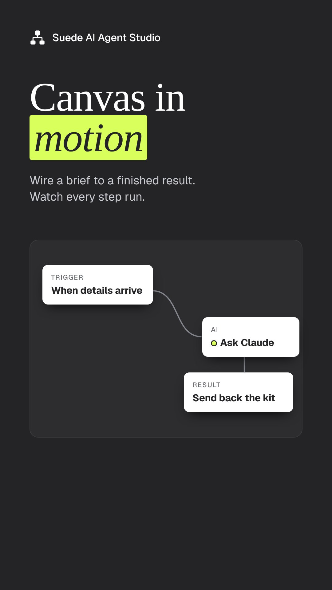 Agent Studio canvas in motion: poster frame from the 20-second product film